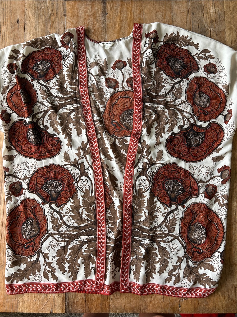 Max Studio Cream Kimono with Rust Floral Motif